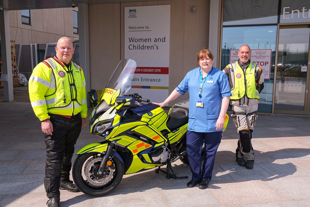 Dave Hook, chairman of Dumfries and Galloway Blood Bikes, Jenny Manson, and Bob Morrison.