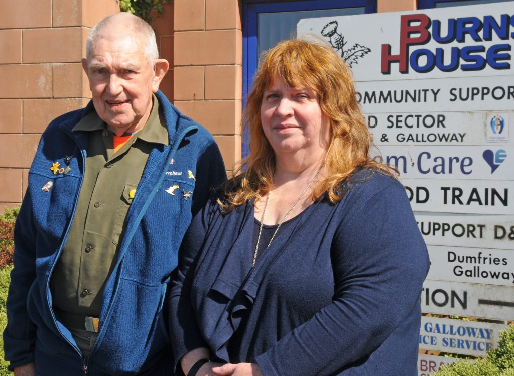 Elizabeth Sykes and her partner Norrie McIntosh outside Burns House, home of the Dumfries and Galloway Citizens Advice Service Stranraer Bureau.