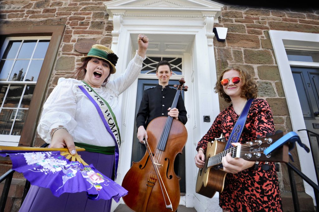  Pictured launching the season are performers featured in the events series, from left: Lynne Russell (history teacher and from Annan Town History Group, appearing as a suffragette in various events), classical musician Alex McQuiston (who is running the Absolute Classics series of workshops and a performances) and singer / musician Shaunie Craig (aged 16 of Ecclefechan, Dumfriesshire, who attends Lockerbie Academy).