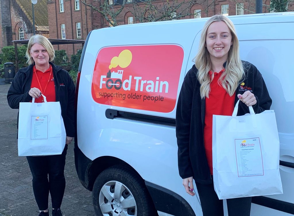 Food Train’s Nithsdale development officer Jennifer Ferguson, left, and administrator Melissa McCrindle with some of the Home from Hospital bags