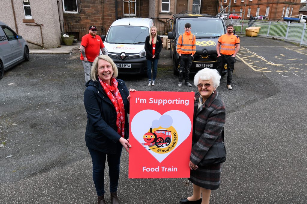 • Food Train chief executive Michelle Carruthers and member Margaret McSkimming, front, launching the fundraising campaign at the English Street site with, back row left to right, Food Train volunteer Bob Haining, Food Train administrator Melissa McCrindle with Lewis Devlin and Christopher McGarva of contractors Eco Group.