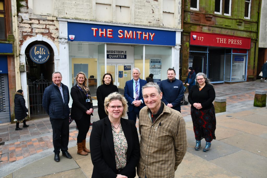 • The launch of Midsteeple Quarter’s Enterprise Pop-up Hub at The Smithy, Dumfries High Street. Midsteeple Quarter Community Engagement Activator Kathryn Hill and board member Robert Richmond are pictured, front, with, left to right, Kenny Bowie (Dumfries & Galloway Chamber of Commerce), Kirstie Scrimgeour (South of Scotland Enterprise), Selina McMorran (Third Sector Dumfries & Galloway), Gary Calderwood (Business Gateway), Jamie Shovelin (Dumfries & Galloway Chamber of Commerce) and Sarah-Jane Burns (CodeBase)