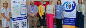 From left at the service launch: Jo Shearer, Third Sector Dumfries and Galloway Board Vice-Chair; John Dougan, Board Chair, Norma Austin Hart, TSDG CEO; Niomi Nichol, TSDG Health and Social Care Engagement Manager; Carol Bell, TSDG Wraparound Hospital to Home Service Coordinator; and Claire Brown, TSDG Head of Operations.